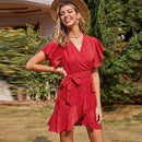 Boho Ruffles Short Sleeve V-Neck A-Line Polka Dot Print Wrap Mini Dress,Irregular Dress Tunic Mini Dress,Plus Wide Leg V-Neck High Waist Lace Up Jumpsuit,Size Women Short Sleeve, Print Patchwork Causal Dress Loose Overs, Maxi Irregular Dresses, iBuyXi.com