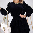 Cascading Ruffles Velvet Long Puff Sleeve Party Mini Dress, iBuyXi.com, Velvet Mini dress, party dress, women fashion