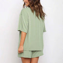 Casual Loose Short Sleeve, Top High Waist Short Tracksuit, Loose T-shirt, Women's 2 Piece Set, Casual Loose T-shirt Cycling Shorts, Workout Sport Set with Belt, iBuyXi.com