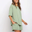 Casual Loose Short Sleeve, Top High Waist Short Tracksuit, Loose T-shirt, Women's 2 Piece Set, Casual Loose T-shirt Cycling Shorts, Workout Sport Set with Belt, iBuyXi.com