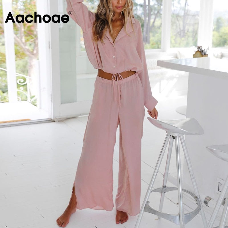 Casual Loose Soft Drawstring Cropped Shirt Side Split Wide Leg Pant Set