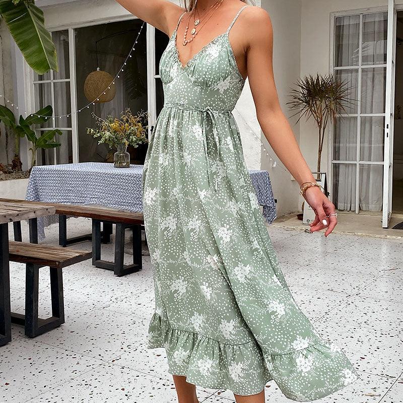 Simple Casual green sling print dress Summer V-neck holiday style maxi dress Elegant With High-waist lace-up ruffle. Pay with Affirm to get 4 interest-free payments for eligible products. Visit iBuyXi.com and shop from a unique selection of products.