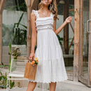 Casual Summer White Spaghetti Strap Dress And Elegant Ruffled Sleeveless Maxi Sundress along with High Waist A-line Vestidos. iBuyXi.com