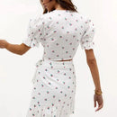 Cherry Pattern Puff Sleeve, Crop Top Mini Skirt Set, Sexy Printed Front Open Short, top mini dress clubwear, iBuyXi.com