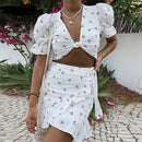 Cherry Pattern Puff Sleeve, Crop Top Mini Skirt Set, Sexy Printed Front Open Short, top mini dress clubwear, iBuyXi.com