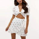 Cherry Pattern Puff Sleeve, Crop Top Mini Skirt Set, Sexy Printed Front Open Short, top mini dress clubwear, iBuyXi.com