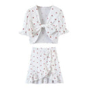 Cherry Pattern Puff Sleeve, Crop Top Mini Skirt Set, Sexy Printed Front Open Short, top mini dress clubwear, iBuyXi.com
