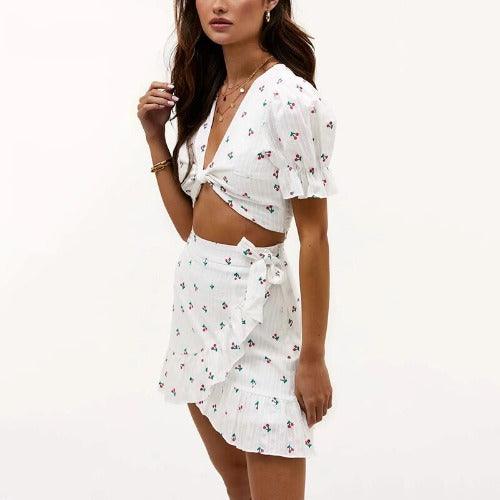 Cherry Pattern Puff Sleeve, Crop Top Mini Skirt Set, Sexy Printed Front Open Short, top mini dress clubwear, iBuyXi.com