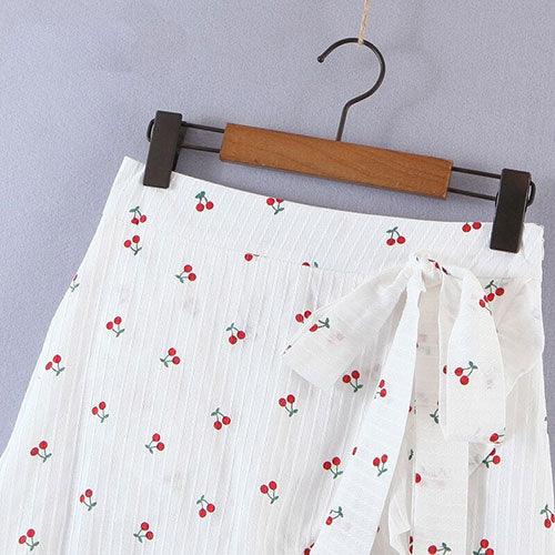 Cherry Pattern Puff Sleeve, Crop Top Mini Skirt Set, Sexy Printed Front Open Short, top mini dress club wear, iBuyXi.com