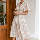 Simple Chic polka dot button a-line dress With Bell sleeve high waist And Ideal Office Wear.  iBuyXi.com