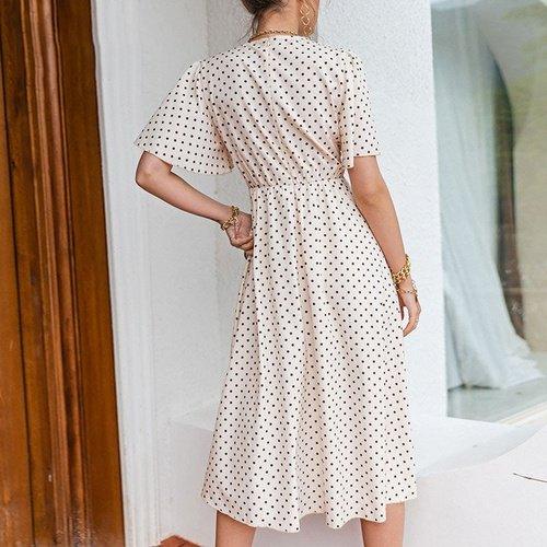 Simple Chic polka dot button a-line dress With Bell sleeve high waist And Ideal Office Wear. iBuyXi.com