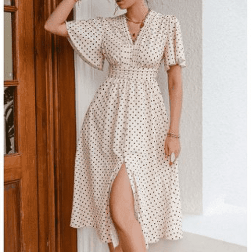 Simple Chic polka dot button a-line dress With Bell sleeve high waist And Ideal Office Wear.  iBuyXi.com