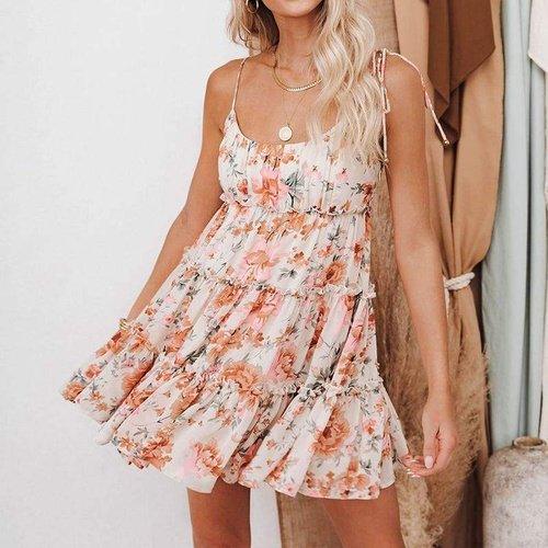 Chiffon Spaghetti Strap Boho Floral Printed Party Mini Dress S