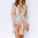 Chiffon V-Neck Floral Print A-Line Long Sleeve Party Short Dress, iBuyXi.com, unique chiffon dresses, cute party dress, floral mini dress, women fashion