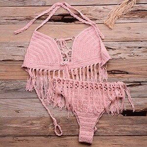Crochet Knitted Tassel Push Up Bikini Set