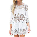 Swimsuit Lace Hollow Crochet. Visit iBuyXi.com for Online Shopping and Shop the Unique Selection, Beach Bikini Cover Up, 3/4 Sleeve Women Tops, Swimwear Beach Dress, White Beach Tunic Shirt