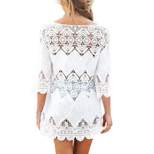 Swimsuit Lace Hollow Crochet. Visit iBuyXi.com for Online Shopping and Shop the Unique Selection, Beach Bikini Cover Up, 3/4 Sleeve Women Tops, Swimwear Beach Dress, White Beach Tunic Shirt