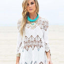 Swimsuit Lace Hollow Crochet. Visit iBuyXi.com for Online Shopping and Shop the Unique Selection, Beach Bikini Cover Up, 3/4 Sleeve Women Tops, Swimwear Beach Dress, White Beach Tunic Shirt
