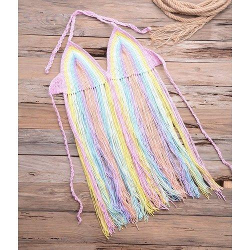 Sexy Rainbow Tassel Halter Crochet Top Lace Up Hollow Out Bra Top Swimwear Beach Knitted Swimming Bohemian Bathing Suit, iBuyXi.com