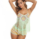 Crochet Tassel Bikini Suit Knitted Swimsuit Halter Bra Tassel Top Stripe Shorts Biquini 2 Piece Set Summer Beach Bathing Suit, iBuyXi.com, beach dresses, bikini sets, summer collection, women clothing
