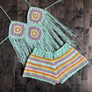 Crochet Tassel Bikini Suit Knitted Swimsuit Halter Bra Tassel Top Stripe Shorts Biquini 2 Piece Set Summer Beach Bathing Suit, iBuyXi.com, beach dresses, bikini sets, summer collection, women clothing