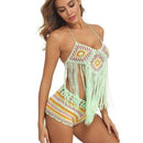 Crochet Tassel Bikini Suit Knitted Swimsuit Halter Bra Tassel Top Stripe Shorts Biquini 2 Piece Set Summer Beach Bathing Suit, iBuyXi.com, beach dresses, bikini sets, summer collection, women clothing