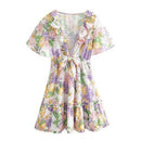 Deep V-Neck Floral Print A-Line Ruffles Bow Tie Short Sleeve Mini Dress, iBuyXi.com, women fashion, summer clothing