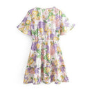 Deep V-Neck Floral Print A-Line Ruffles Bow Tie Short Sleeve Mini Dress, iBuyXi.com, women fashion, summer clothing