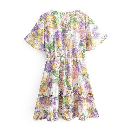 Deep V-Neck Floral Print A-Line Ruffles Bow Tie Short Sleeve Mini Dress, iBuyXi.com, women fashion, summer clothing