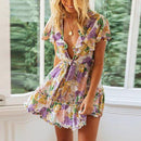 Deep V-Neck Floral Print A-Line Ruffles Bow Tie Short Sleeve Mini Dress, iBuyXi.com, women fashion, summer clothing