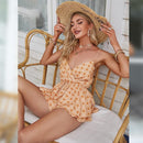 Deep V-neck Backless Boho Floral Print Romper Deep V-neck Backless Boho Floral Print Romper Oblong neck, Solid color, High waist, Back button closure, Long Pants Jumpsuits Romper with Belt. Women trendy elegant style and wide leg ,Casual jumpsuit with ruffles sleeves, long romper, short sleeve pantsuit with belts, crew neck pant suits, cocktail jumpsuit, long pants, iBuyXi.com