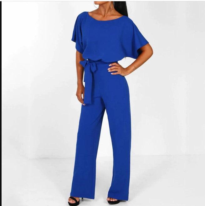 Women trendy elegant style and wide leg ,Casual jumpsuit with ruffles sleeves, long romper, short sleeve pantsuit with belts, iBuyXi.com