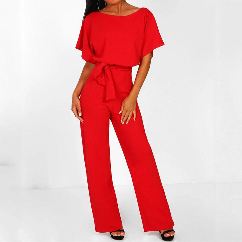 Women trendy elegant style and wide leg ,Casual jumpsuit with ruffles sleeves, long romper, short sleeve pantsuit with belts, iBuyXi.com