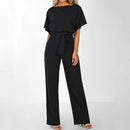 Women trendy elegant style and wide leg ,Casual jumpsuit with ruffles sleeves, long romper, short sleeve pantsuit with belts, iBuyXi.com