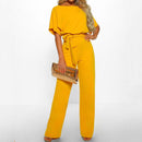 Women trendy elegant style and wide leg ,Casual jumpsuit with ruffles sleeves, long romper, short sleeve pantsuit with belts, iBuyXi.com