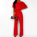 Women trendy elegant style and wide leg ,Casual jumpsuit with ruffles sleeves, long romper, short sleeve pantsuit with belts, iBuyXi.com