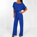 Women trendy elegant style and wide leg ,Casual jumpsuit with ruffles sleeves, long romper, short sleeve pantsuit with belts, iBuyXi.com'