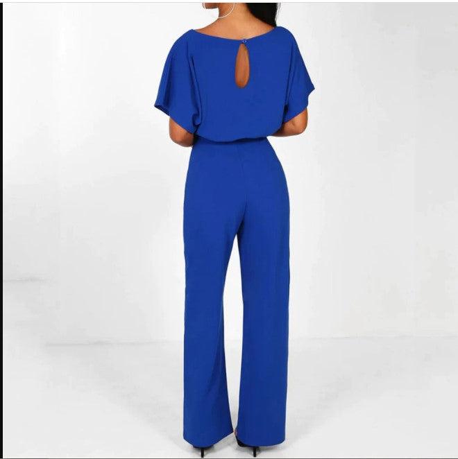 Women trendy elegant style and wide leg ,Casual jumpsuit with ruffles sleeves, long romper, short sleeve pantsuit with belts, iBuyXi.com'