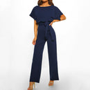 Women trendy elegant style and wide leg ,Casual jumpsuit with ruffles sleeves, long romper, short sleeve pantsuit with belts, iBuyXi.com