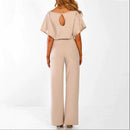Women trendy elegant style and wide leg ,Casual jumpsuit with ruffles sleeves, long romper, short sleeve pantsuit with belts, iBuyXi.com