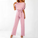 Women trendy elegant style and wide leg ,Casual jumpsuit with ruffles sleeves, long romper, short sleeve pantsuit with belts, iBuyXi.com