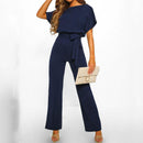 Women trendy elegant style and wide leg ,Casual jumpsuit with ruffles sleeves, long romper, short sleeve pantsuit with belts, iBuyXi.com