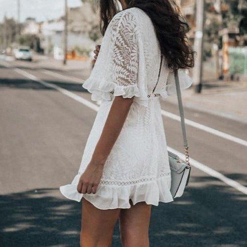 V Neck White Lace Dress With Flare Sleeve Ruffles Design Which looks Great in Party And Summer Outing. - ibuyxi.com