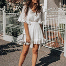 V Neck White Lace Dress With Flare Sleeve Ruffles Design Which looks Great in Party And Summer Outing. - ibuyxi.com