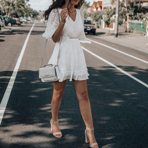 V Neck White Lace Dress With Flare Sleeve Ruffles Design Which looks Great in Party And Summer Outing. - ibuyxi.com