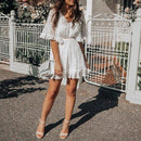 V Neck White Lace Dress With Flare Sleeve Ruffles Design Which looks Great in Party And Summer Outing. - ibuyxi.com