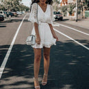 V Neck White Lace Dress With Flare Sleeve Ruffles Design Which looks Great in Party And Summer Outing. - ibuyxi.com