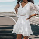 V Neck White Lace Dress With Flare Sleeve Ruffles Design Which looks Great in Party And Summer Outing. - ibuyxi.com