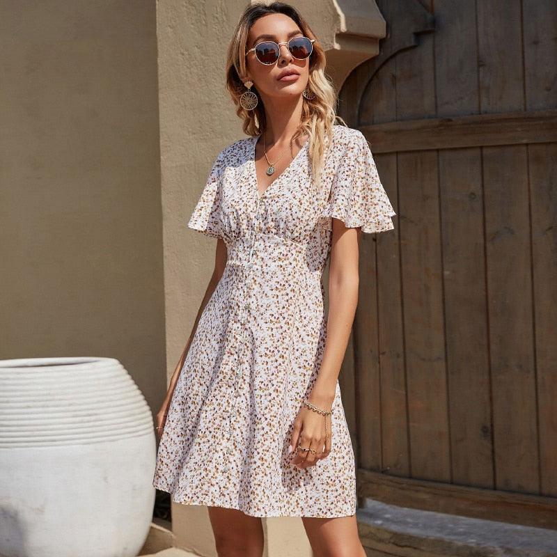 Floral Print A-Line Flare Short Sleeve V-Neck Mini Dress Floral Print A-Line Flare Short Sleeve V-Neck Mini Dress