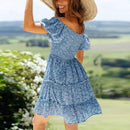 Floral Print Puff, Short Sleeve Pleated Slash Neck Mini Dress, Short Puff Sleeve, Ruched Bust, Elegant Tiered Women's Dress, iBuyXi.com